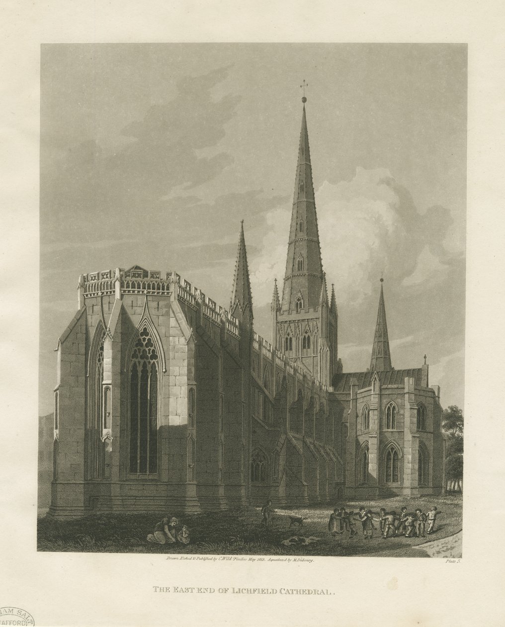 Lichfield Cathedral - North East View: akvatintegravering af Charles Wild