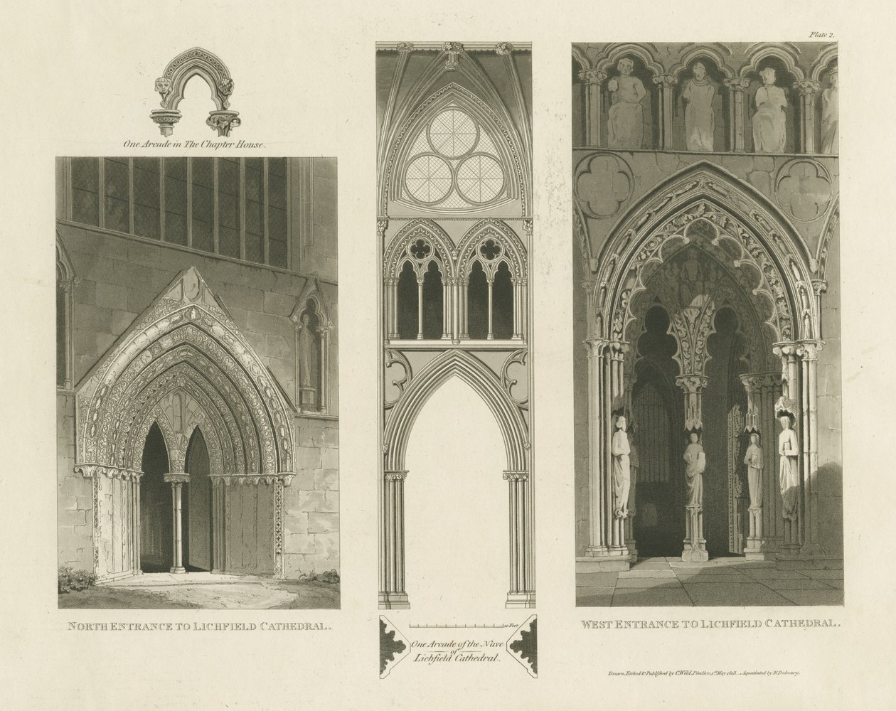 Lichfield Cathedral - West Entrance, North Entrance og Nave: akvatintegravering af Charles Wild