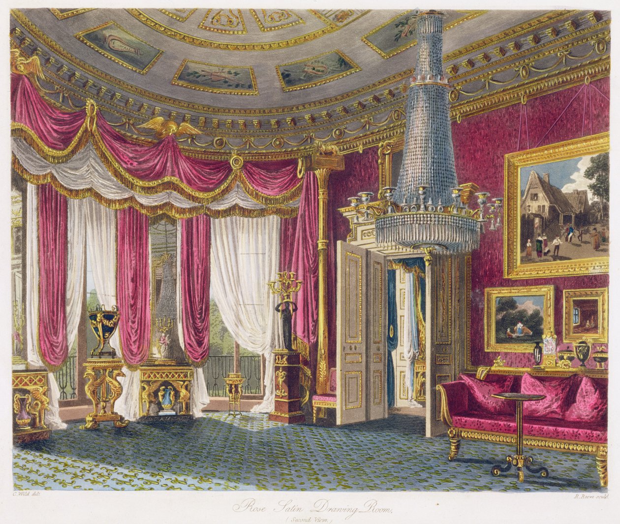 Rose Satin Drawing Room (anden visning) Carlton House, indgraveret af R. Reeve (fl.1811-37) fra 