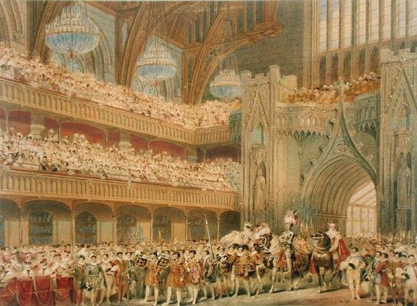 The Champion of England kommer ind i Westminster Hall (akvarel på papir) af Charles Wild