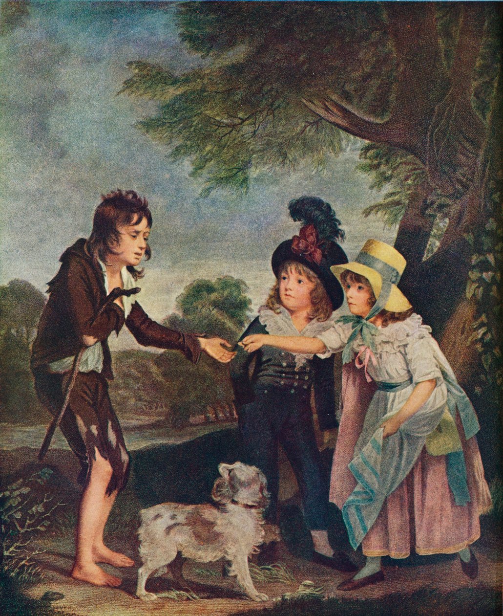 Portræt af Sir Francis Fords børn, der giver en mønt til en tiggerdreng. Udstillet 1793 1906 af Charles Wilkinson