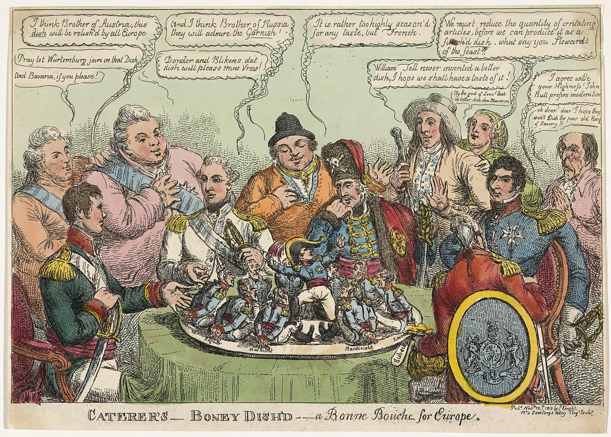 Cateringvirksomheder- Boney Dishd- en Bonne Bouche for Europa, pub. 1813 (håndfarvet gravering) af Charles Williams