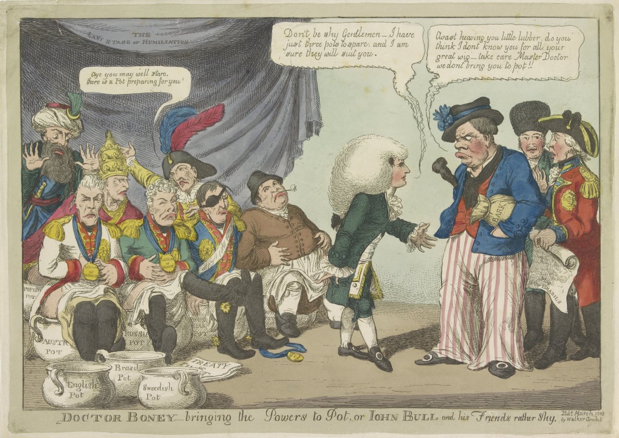 Dokter Napoleon zet de europæiske vorsten op de pot, 1808 Doktor Boney - bringer kræfterne til pot, eller John Bull og hans venner temmelig generte (titel på objektet) af Charles Williams