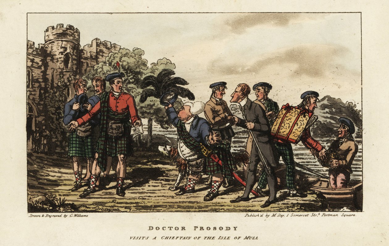 Engelsk turist i en tartan-kilt, der møder en klanhøvding uden for et middelalderligt slot på Isle of Mull, Indre Hebrider, Skotland af Charles Williams