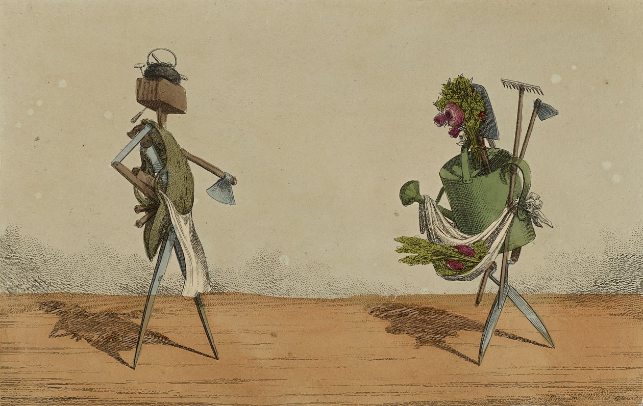 Animerede redskaber, plade 2, dedikeret til tømrerne og gartnerne i Storbritannien, ca. 1811 (håndfarvet radering) af Charles Williams