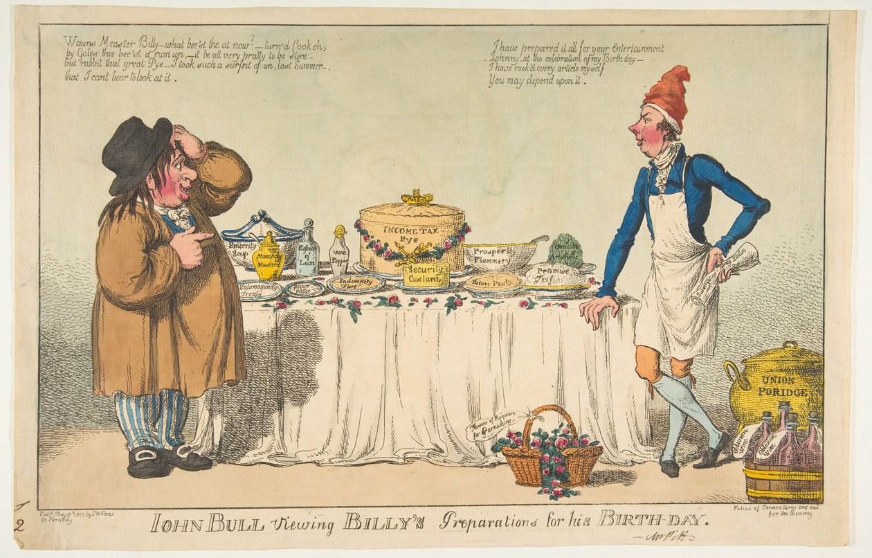 John Bull ser på Billys forberedelser til hans fødselsdag den 18. maj 1802. af Charles Williams