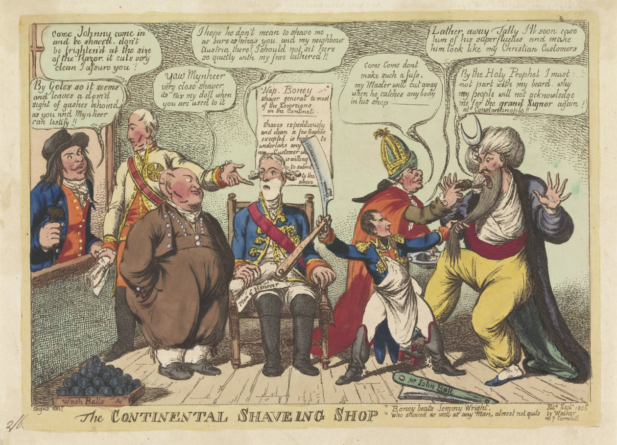 Napoleon som barber for europæiske magter, 1806 The Continental Shaving Shop (titel på objekt) af Charles Williams