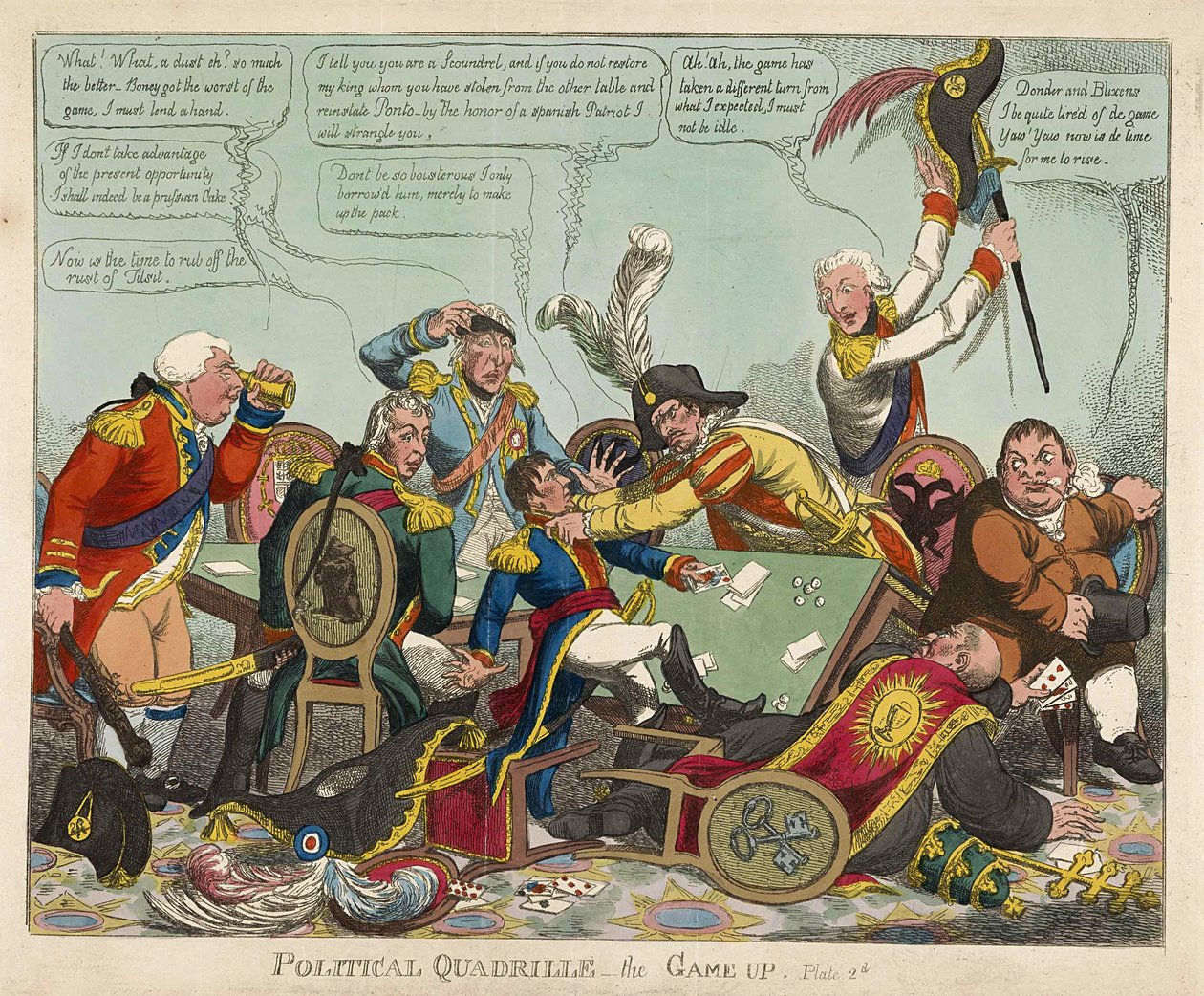 Political Quadrille -- Game Up, pub. 1806 (håndfarvet gravering) af Charles Williams