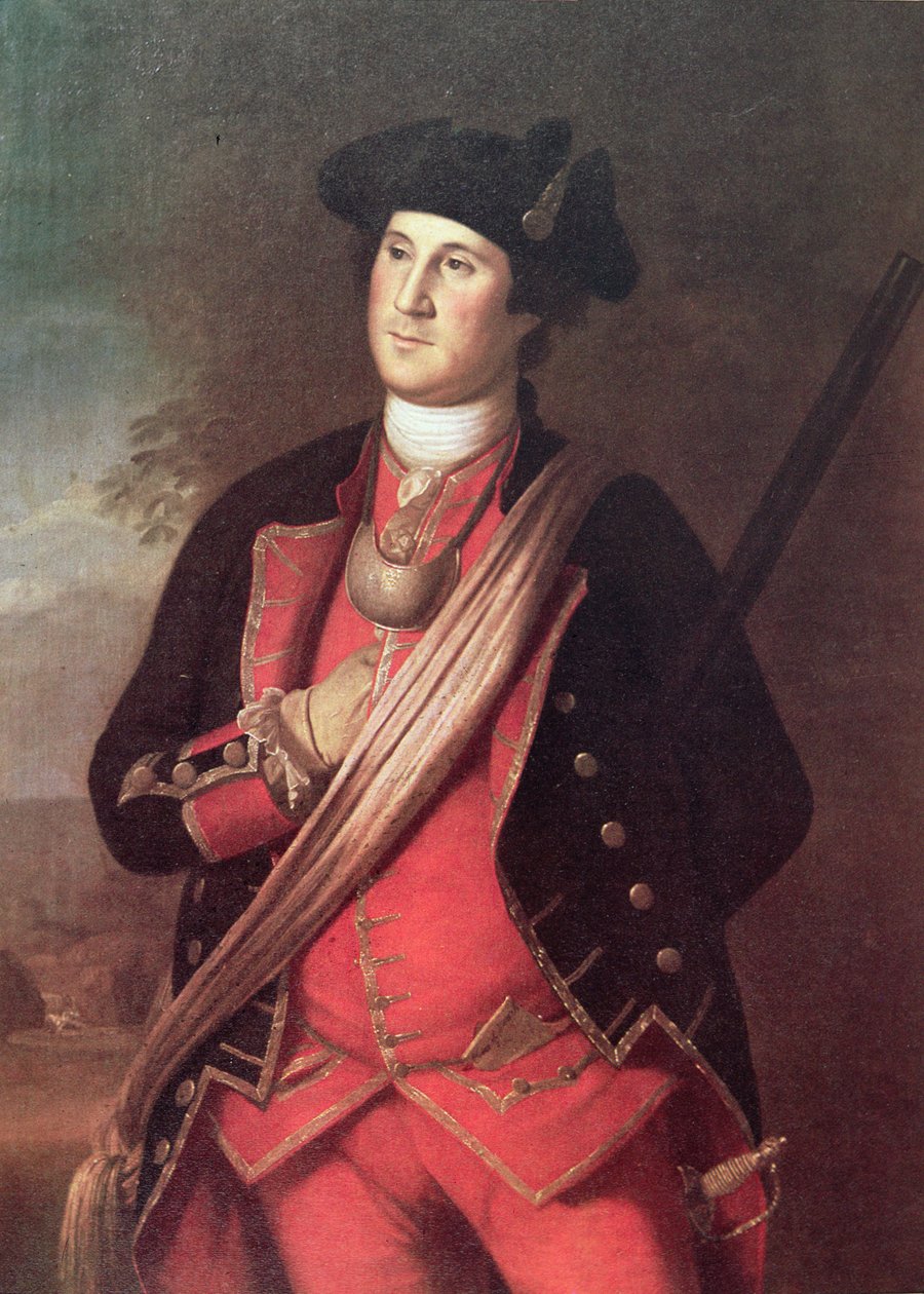 George Washington i uniformen af en oberst fra Virginia Militia under den franske og indiske krig (1755-63) (farve litho) af Charles Willson (after) Peale
