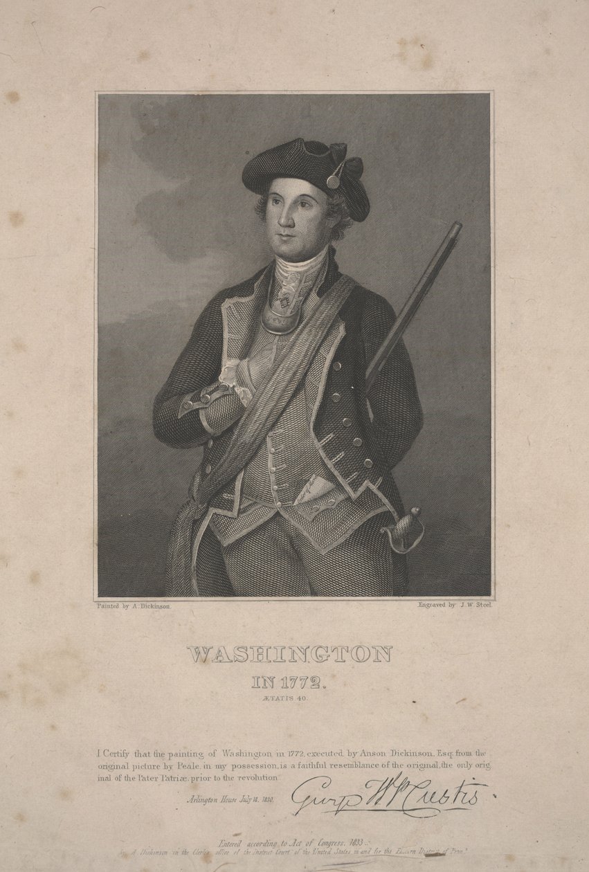 Washington i 1772, tegnet af Anson Dickinson c.1833 (stålgravering) af Charles Willson (after) Peale