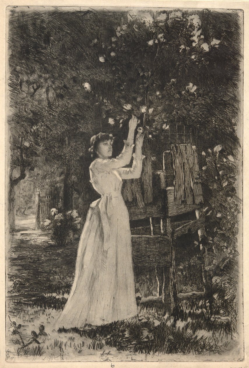 En ung kvinde plukker blomster fra et træ af Charles Yardley Turner