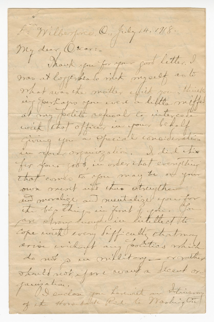 Brev til Oscar W. Price fra oberst Charles Young, 14. juli 1918. af Charles Young