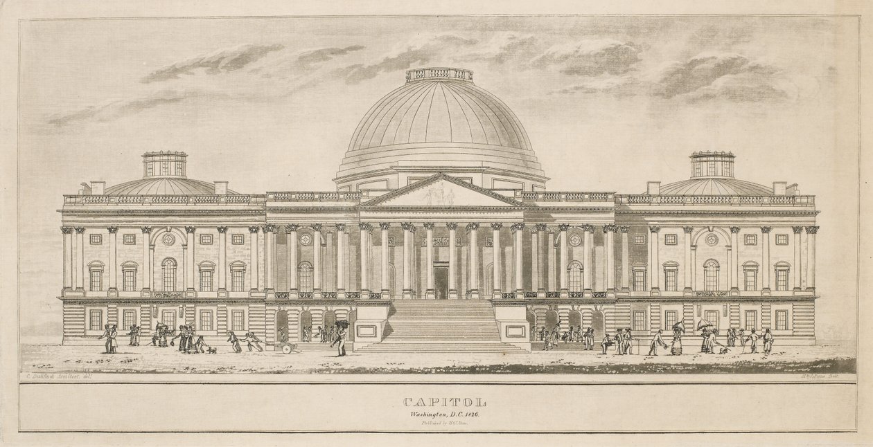 Capitol, Washington, D.C., indgraveret af Henry og James Stone (blomstrede 1822-1849), 1826 (akvatinte og streggravering på papir) af Charles after Bulfinch
