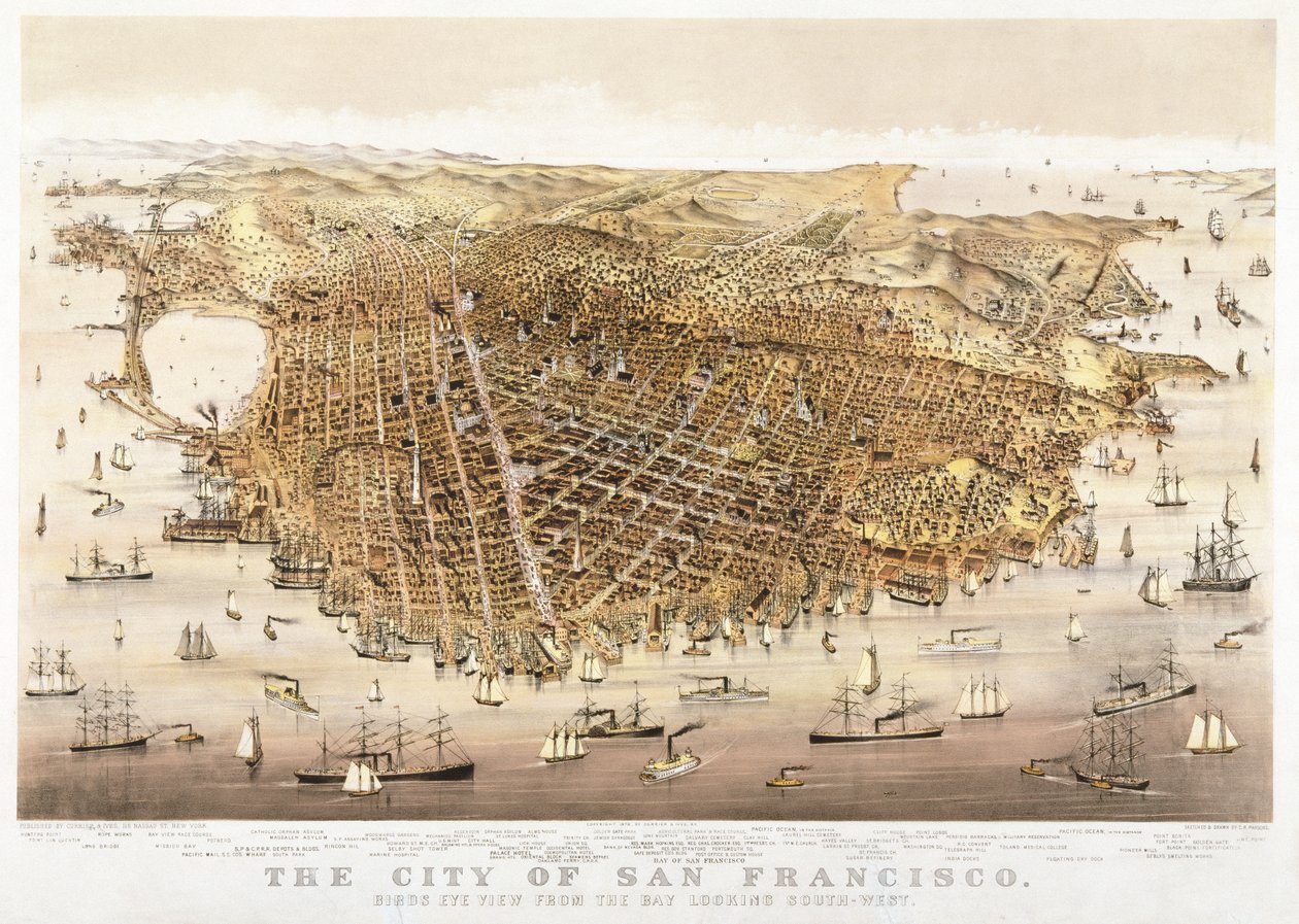 The City of San Francisco, fugleperspektiv fra bugten, der ser sydvest, udgivet af Currier & Ives af Charles Richard Parsons