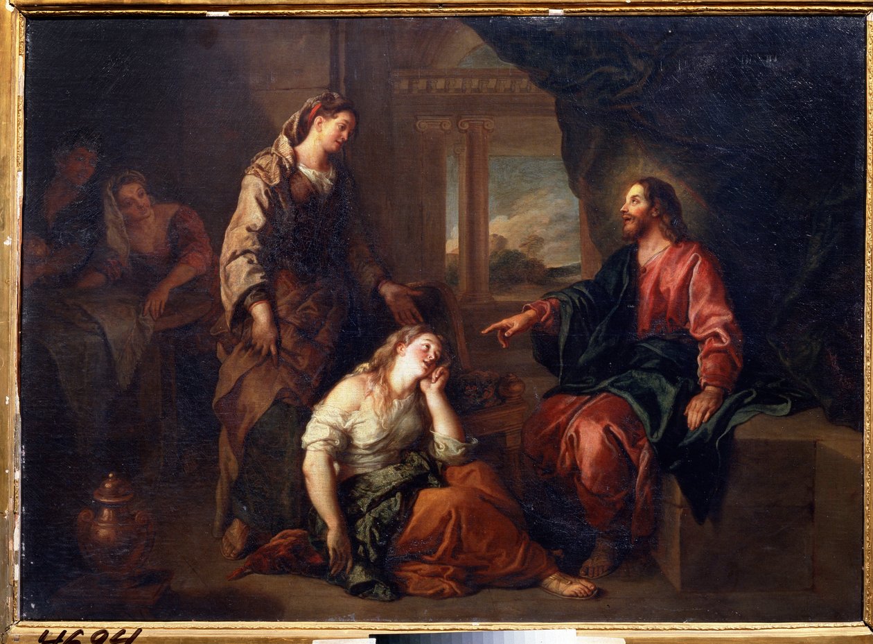 ""Kristus i Martha og Maria"" (Kristus i Martha og Marias hus). Sankt Martha, kvindelig discipel af Jesus Kristus og hendes søster Marie de Bethanie. Maleri af Charles de La Fosse (1636-1716) Pushkin Museum, Moskva af Charles de la Fosse