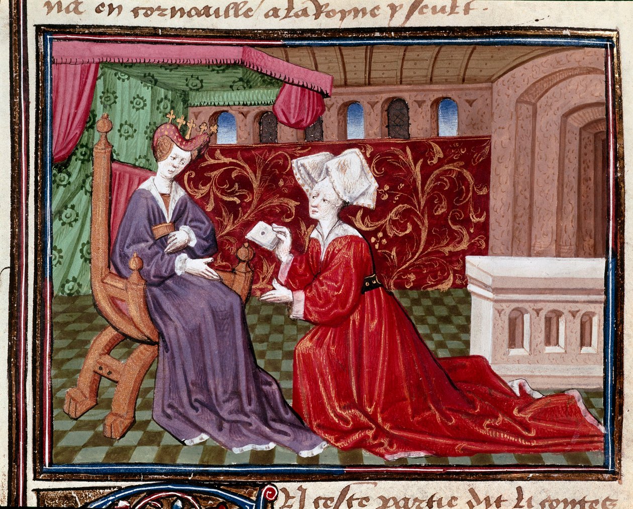 En tjenestepige iført et brev til dronning Iseult (eller fornærmelse) miniature taget fra "" Romanesque du Chevalier Tristan"" af mester Charles af Maine 1440-1460. Chantilly, Conde Museum af Charles du Maine Master