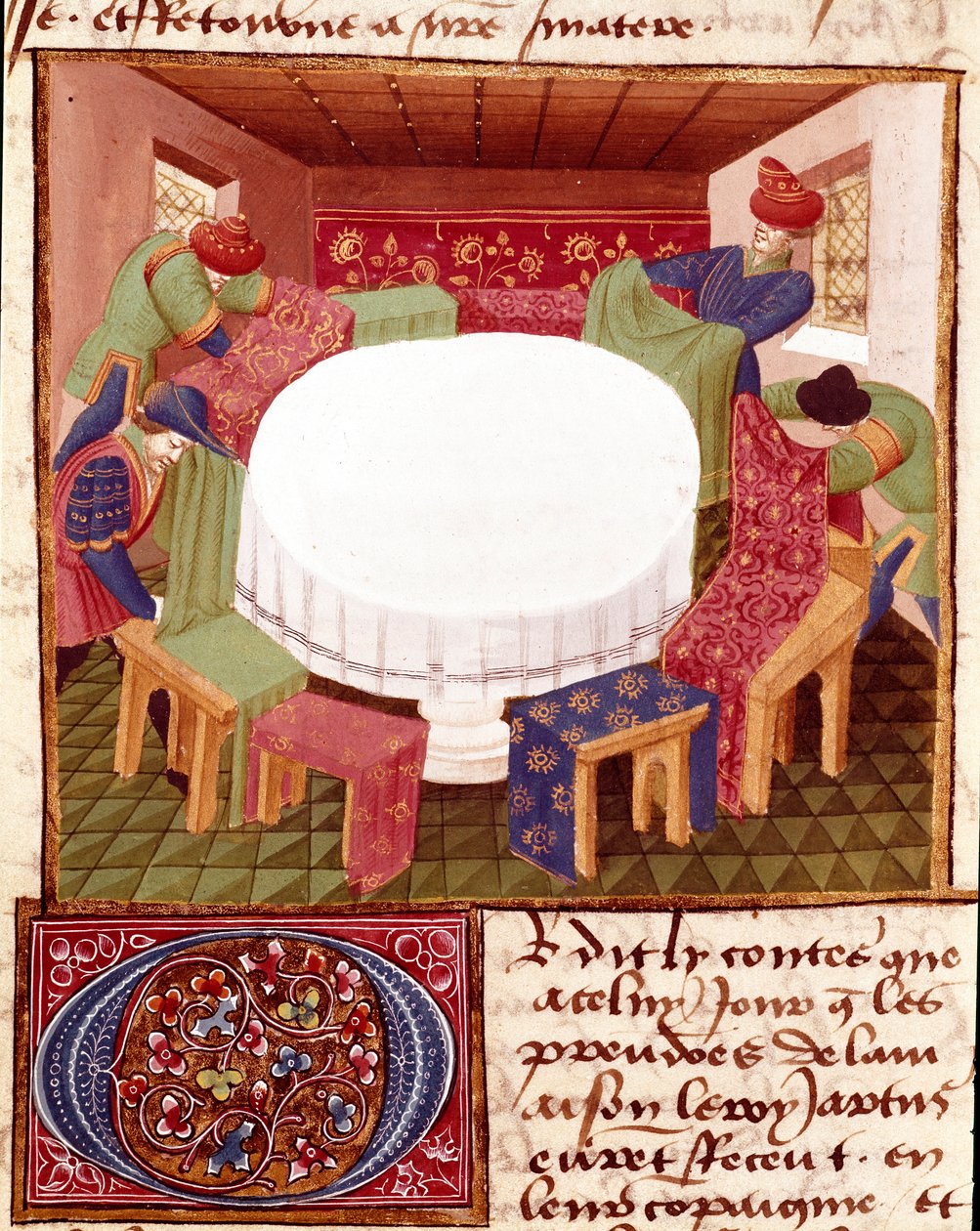 Forberedelser til det runde bord ved ankomsten af miniatureridderne taget fra "" Romanesque du Chevalier Tristan"" af Mester Charles de Maine (Beroul-version). 1440-1460. Chantilly, Conde Museum af Charles du Maine Master