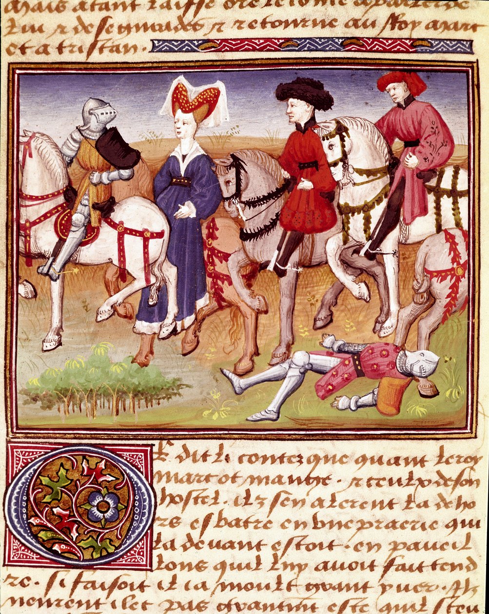 Dronning Iseult (eller Iseult) er en hest ledsaget af miniatureryttere hentet fra "" Romanesque du Chevalier Tristan"" af Mester Charles af Maine 1440-1460. Chantilly, Conde Museum af Charles du Maine Master