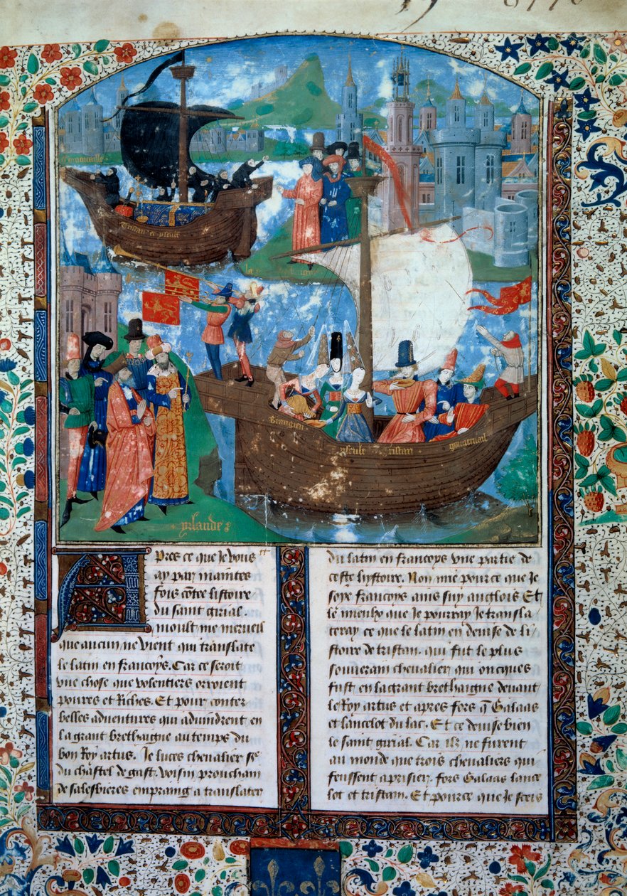 Tristan og Iseult (Isolde eller Yseult) forlader Irland, Tristan drikker kærlighedsfilteret. Inderst inde bliver deres to lig bragt tilbage til Irland. Miniature fra manuskript frk. 103 f.1 Romanen om Tristan”” tilskrevet mesteren Charles af Maine. 15. årh af Charles du Maine Master