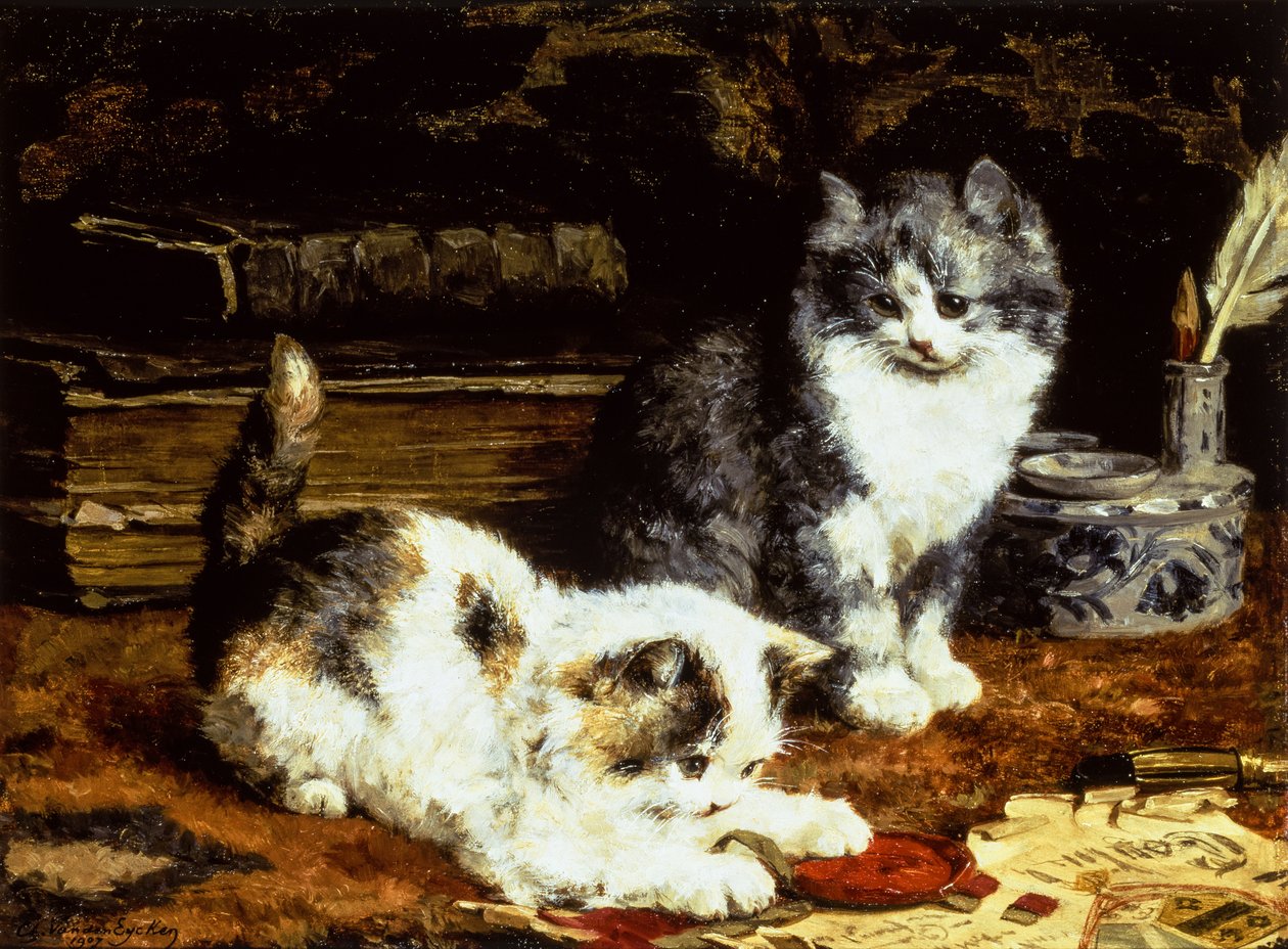 To killinger leger på et skrivebord af Charles van den Eycken