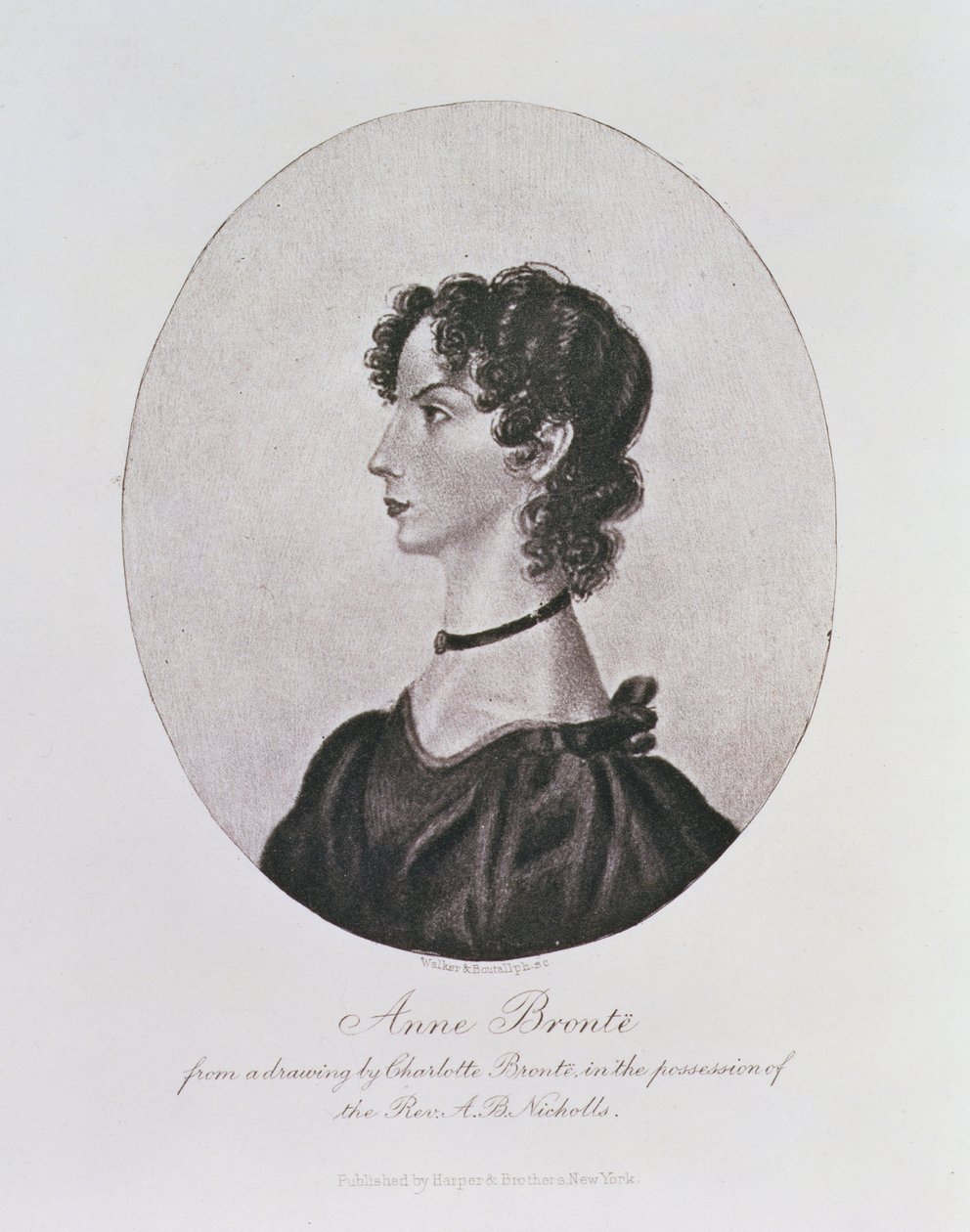 Portræt af Anne Bronte (1820-49) efter en tegning i præsten A. B. Nicholls besiddelse, graveret af Walker og Boutall af Charlotte Bronte