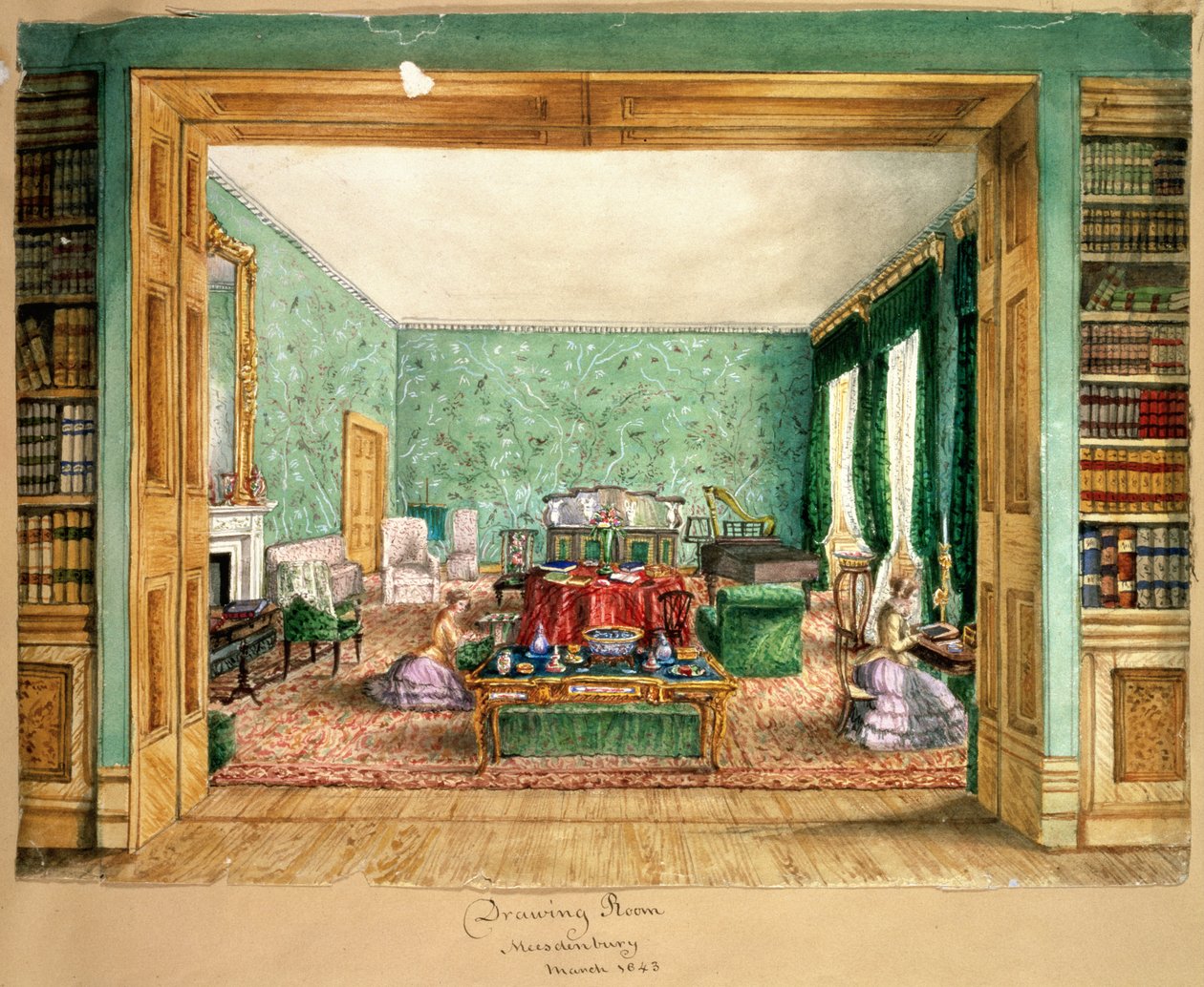The Drawing Room at Meesdenbury, f13 fra An Album of Interiors, 1843 (wc på papir) af Charlotte Bosanquet