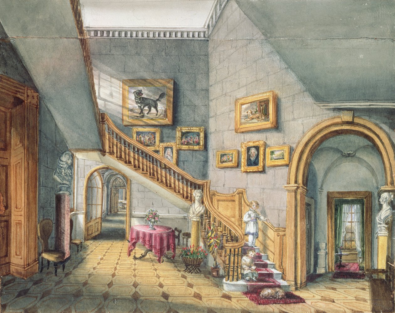 The Staircase, Strood Park, f26 fra An Album of Interiors, 1843 af Charlotte Bosanquet