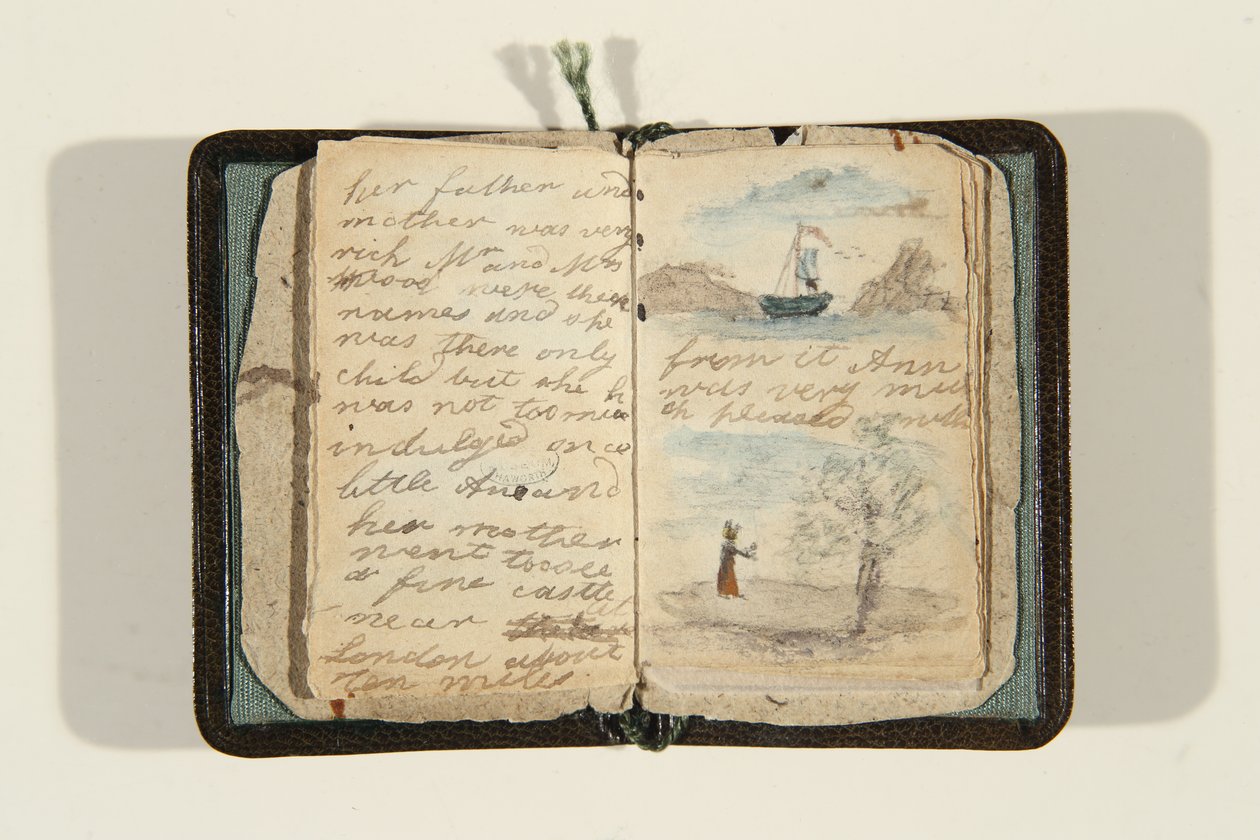 Historiens begyndelse "Der var engang en lille pige, og hun hed Ane, ca. 1828 (pen & blæk og akvarel på papir) af Charlotte Bronte