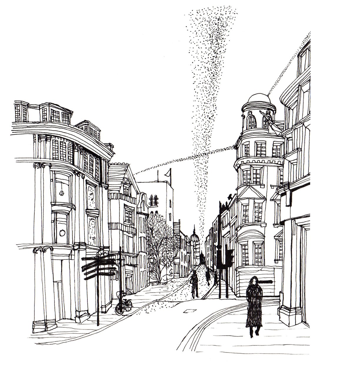 Cornmarket Street, 2019 (pen og blæk) af Charlotte Orr
