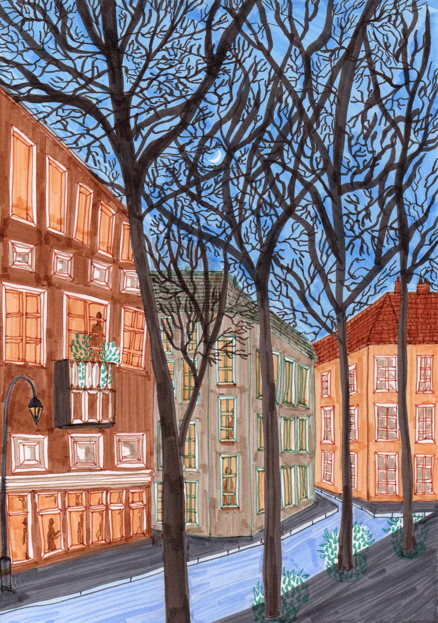 Friedrichshain om natten, 2017 (børstepenne) af Charlotte Orr