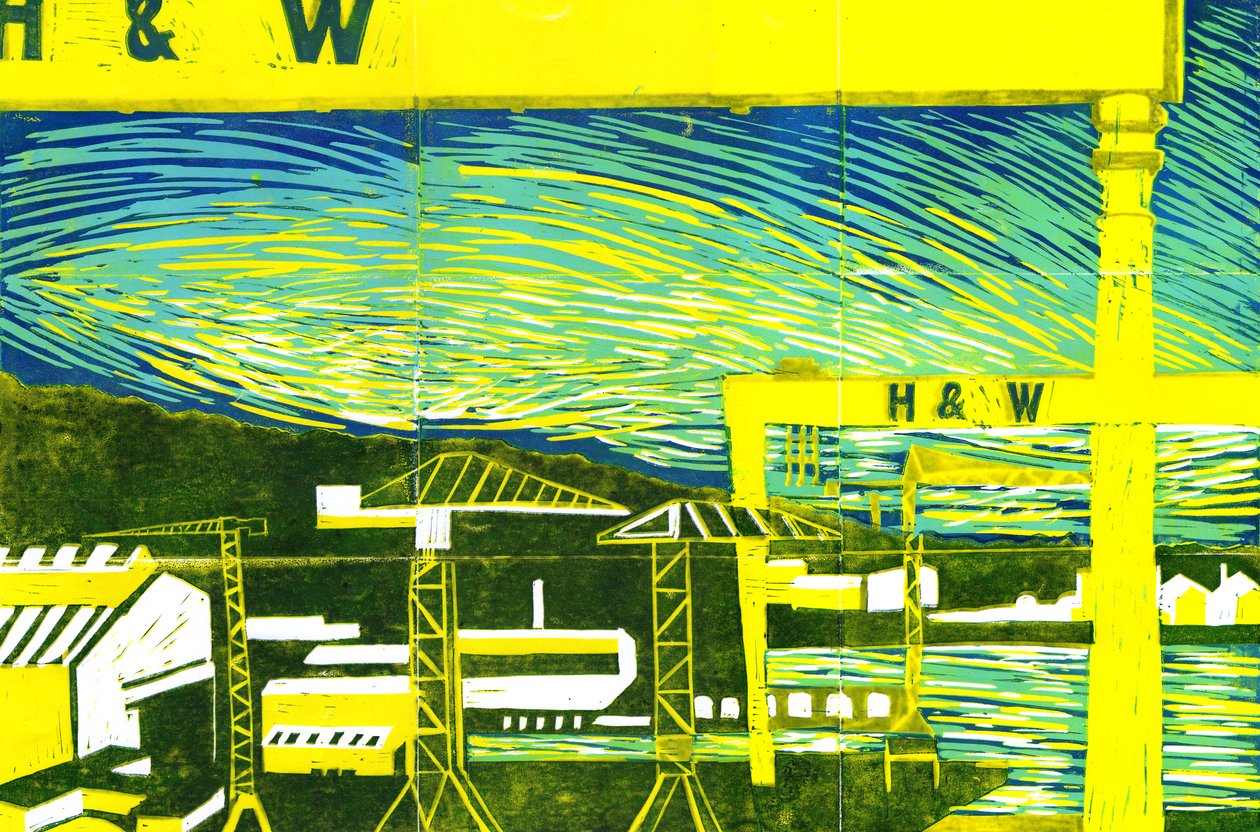 Harland & Wolff Cranes, Belfast, 2022 (linoprint) af Charlotte Orr