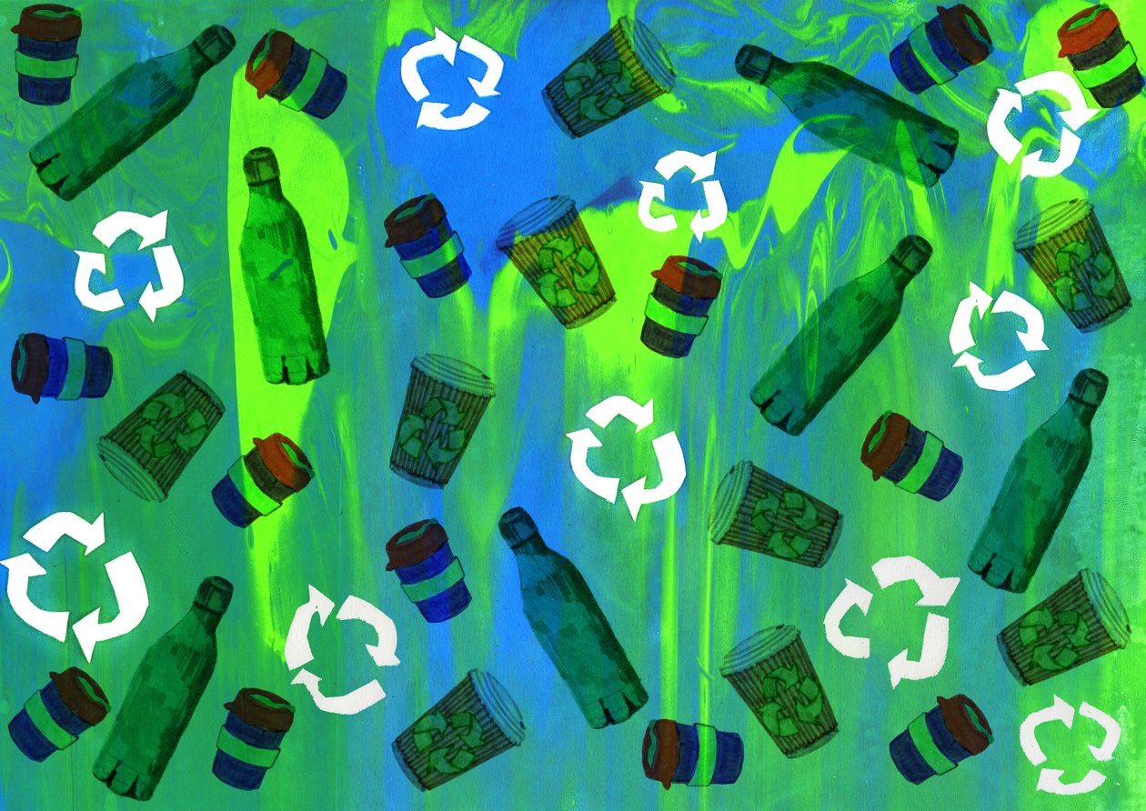 Recycling Bin Design, 2020 (serigrafi med penselpenne og digital) af Charlotte Orr