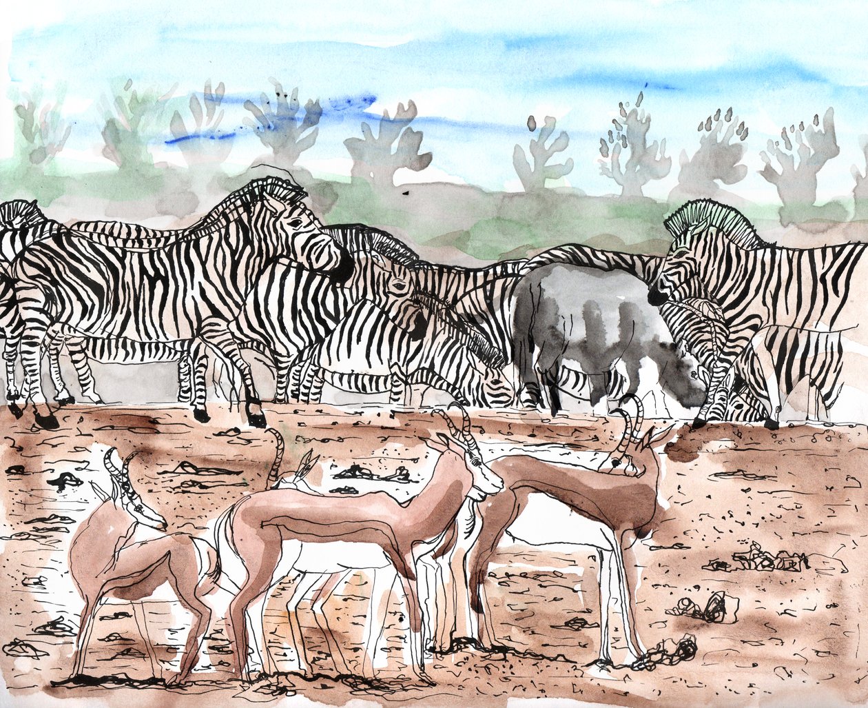 Safari 3, 2018 (blæk og akvarel) af Charlotte Orr