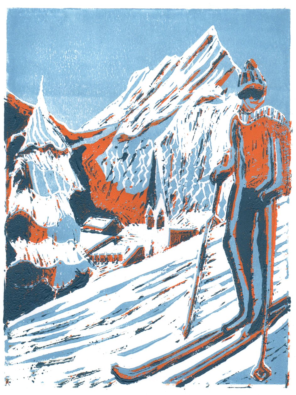 Ski, 2015, linoprint af Charlotte Orr