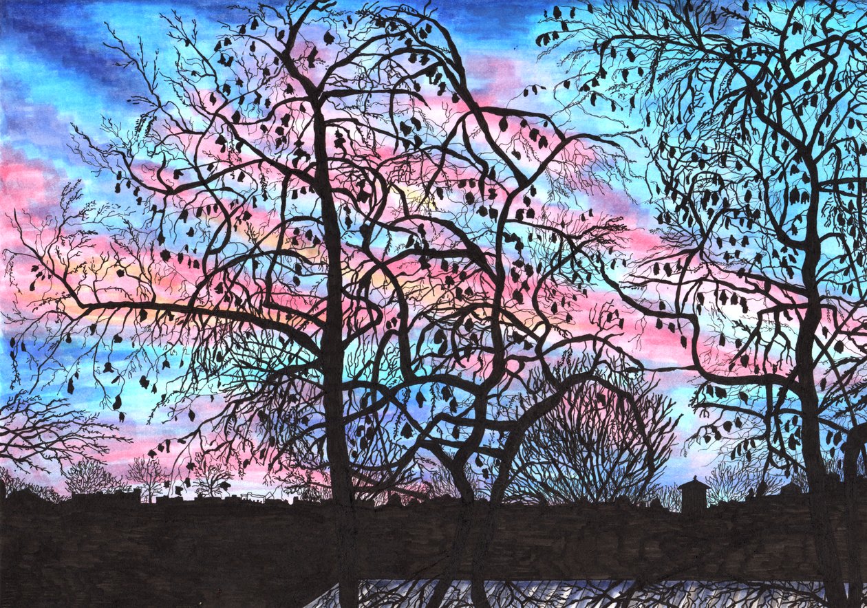 Solnedgang fra en Berlin-balkon, 2020 (pensel) af Charlotte Orr