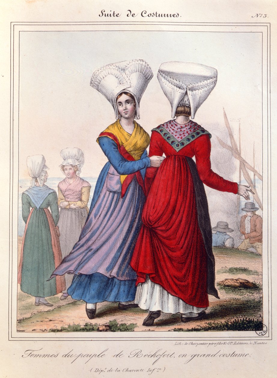 Storslået kostume til kvinder i Rochefort-området, Charente, 1800-tallet. af Charpentier