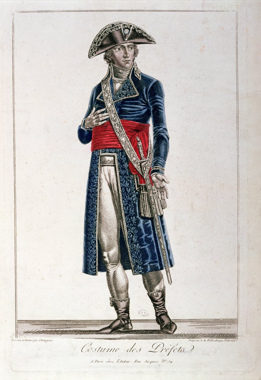 En præfekts kostume i perioden for konsulatet (1799-1804) i Den Første Republik, ca. 1800 (se også 217238) af Chataignier