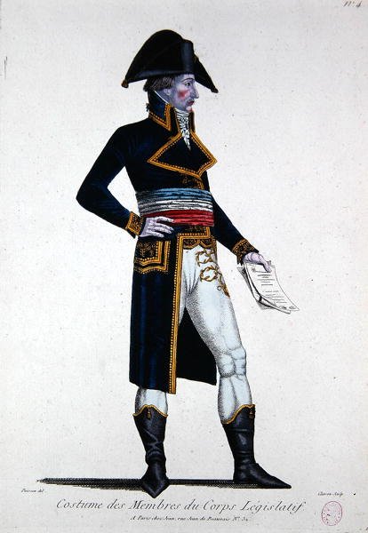 Kostume af medlemmer af Corps Legislatif under den første republik i Frankrig, ca. 1800 (farvegravering) af Chataignier Chataignier