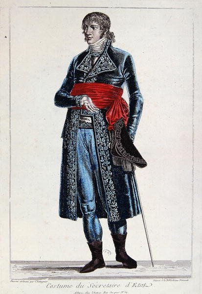 Udklædning af en udenrigsminister i perioden for konsulatet (1799-1804) i Den Første Republik i Frankrig, ca. 1800 (farvestik) af Chataignier Chataignier