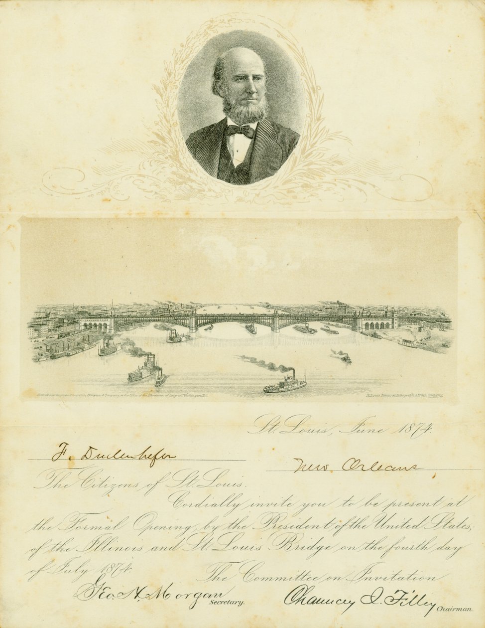 Invitation til at deltage i den formelle åbning af Eads Bridge den 4. juli 1874 af Chauncey I. Filley