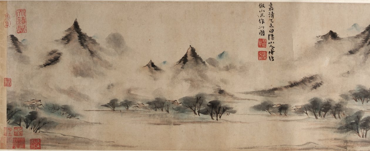 Skyede bjerge, i stil med Mi Youren, Ming-dynastiet, 1535 (blæk og farve på papir) af Chen Shun