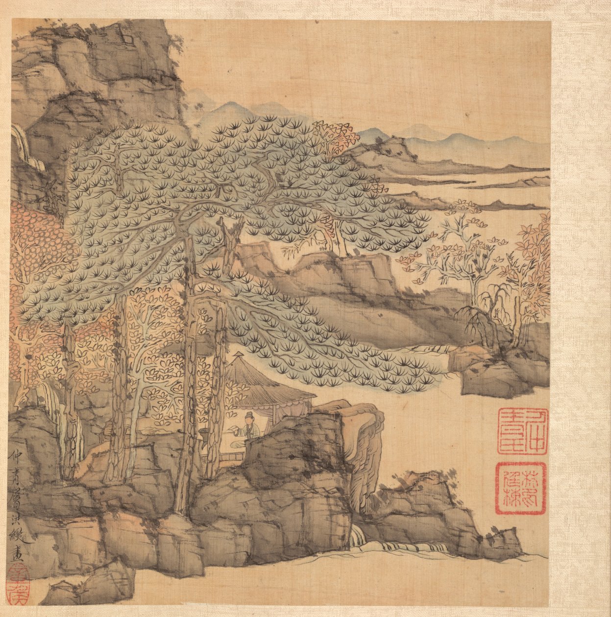 Malerier efter antikke mestre: Forskerlæsning i en stråtækt hytte ved et vandfald, 1598-1652. af Chen Hongshou