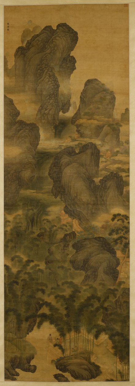 Tårnhøje bjerge og fantastiske vandfald, ca. 1600 (blæk og farve på silke) af Chenglong Zhang
