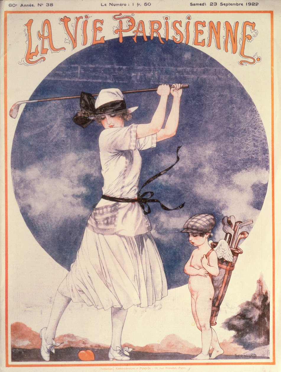 Forside af La Vie Parisienne, kvinde der spiller golf af Cheri Herouard
