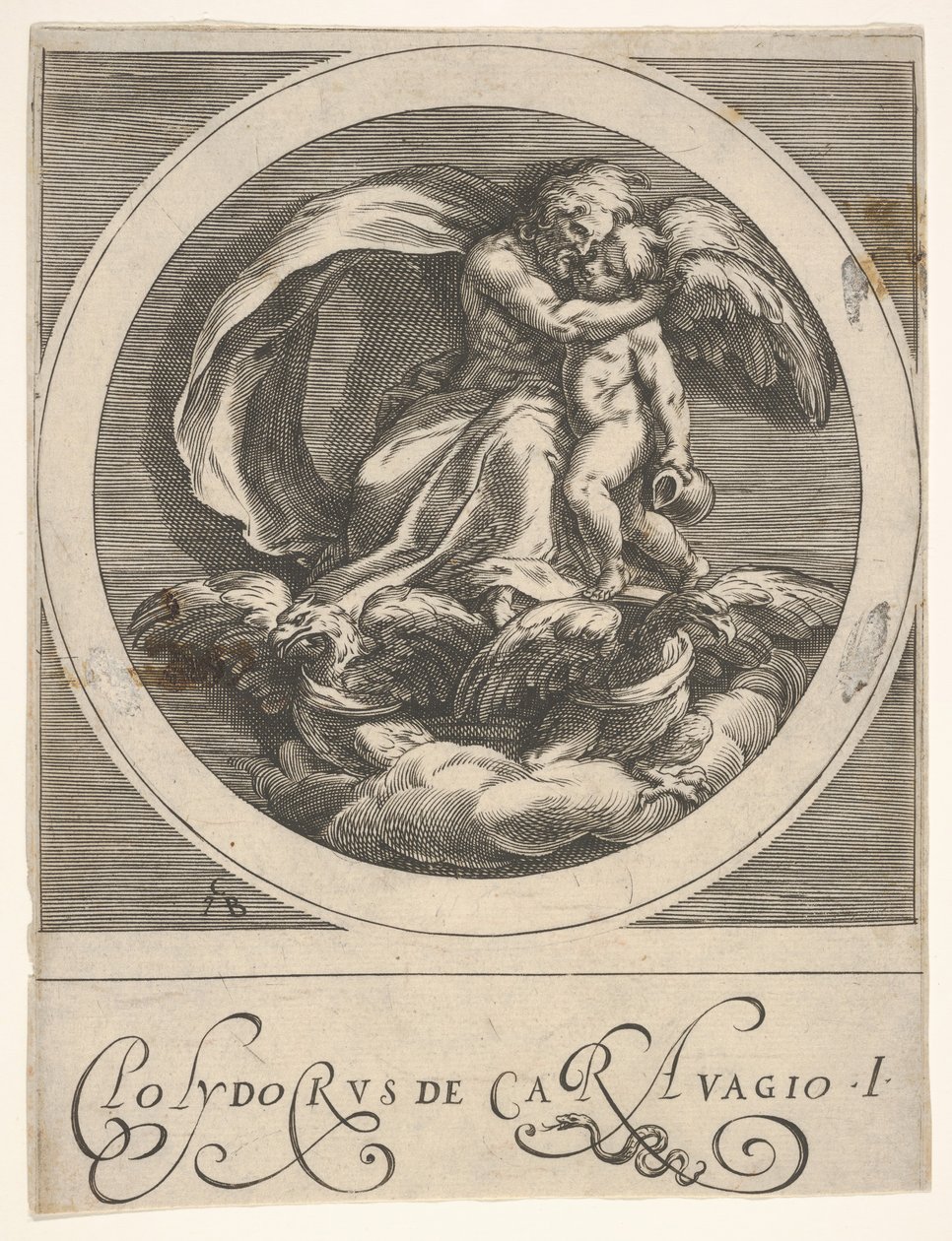 Jupiter, siddende over to ørne og omfavnende Amor, en rund komposition fra en serie..., ca. 1590. af Cherubino Alberti