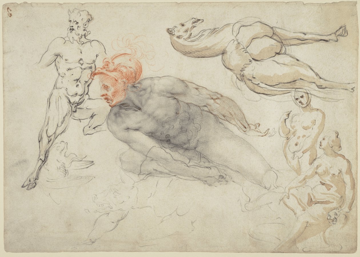 Studier af mandlige og kvindelige nøgenbilleder, en satyr og en kamel (recto); statue af Marcus Aurelius (verso) af Cherubino Alberti