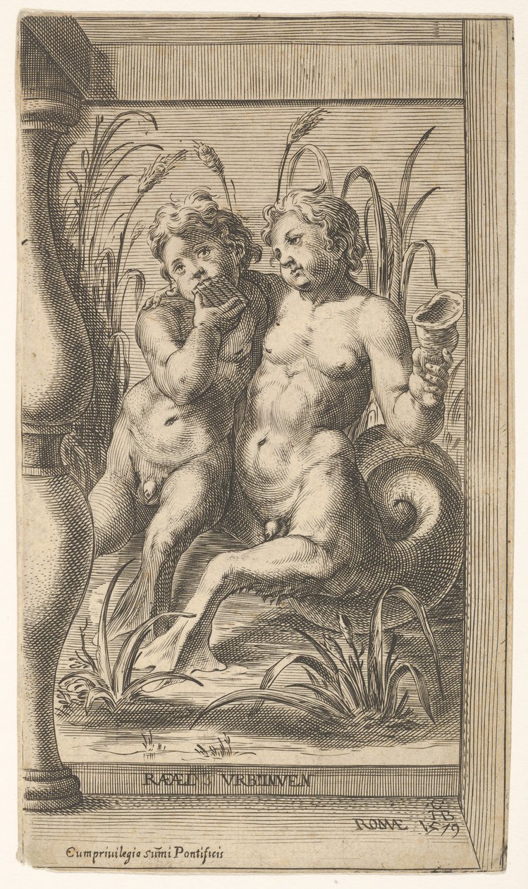 To tritoner omfavnende, den ene spiller panserør, den anden holder en konkylie anbragt inden for ..., 1579. af Cherubino Alberti