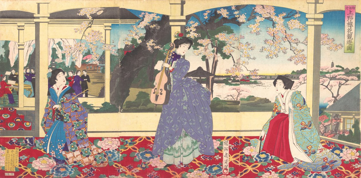 En dansefest: Nyder Cherry Blossom Viewing på Ueno Tobukai Ueno oka yuran no z..., marts, 1887. af Chikanobu Yoshu