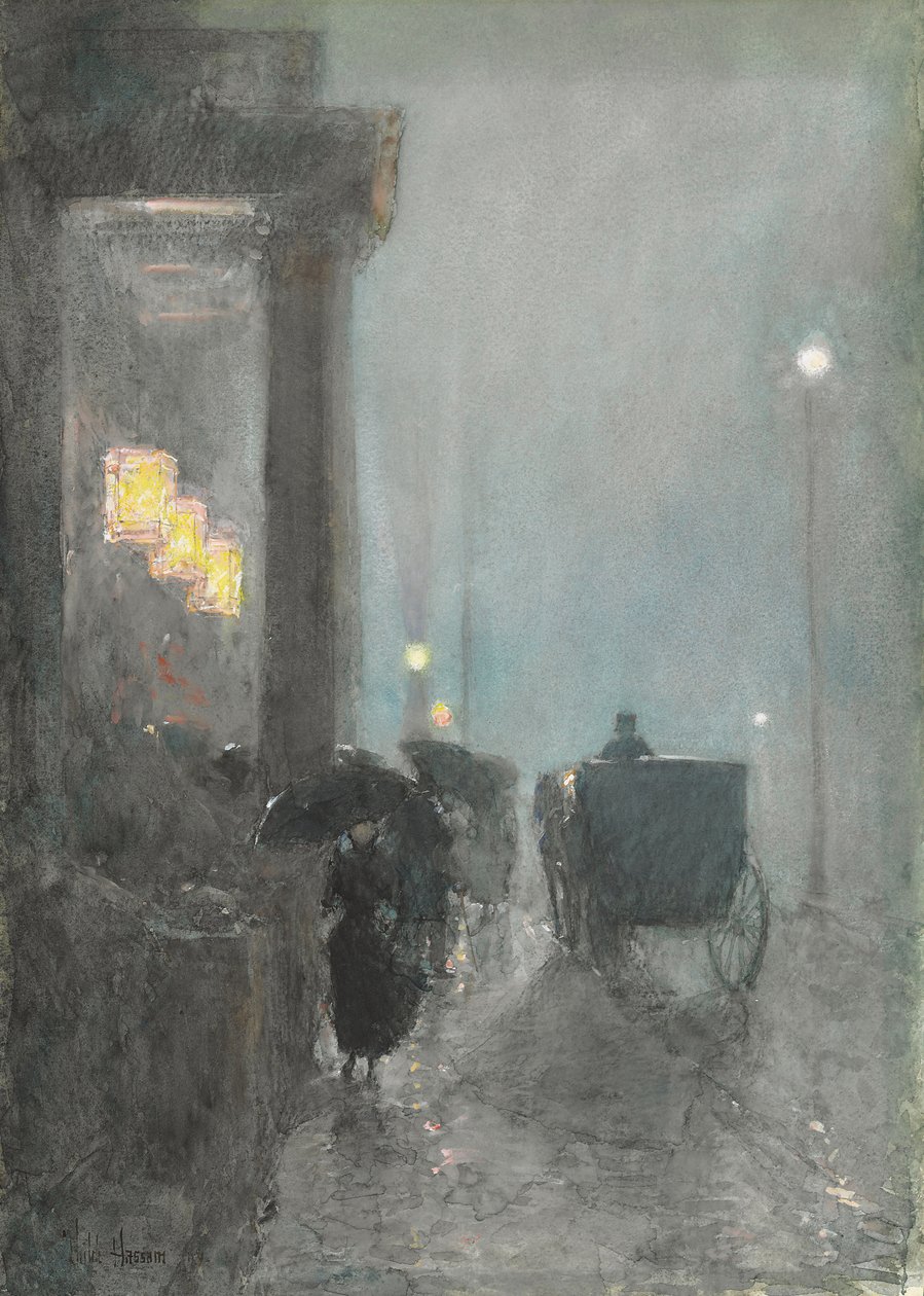 Fifth Avenue, Evening, ca. 1890-93 (akvarel, gouache og pastel på papir) af Childe Frederick Hassam