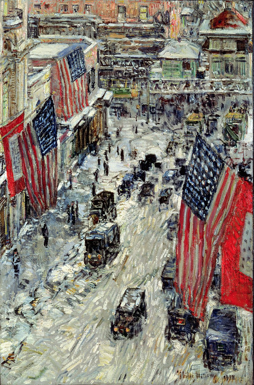 Flag på 57th Street, vinter 1918 (olie på linned) af Childe Frederick Hassam